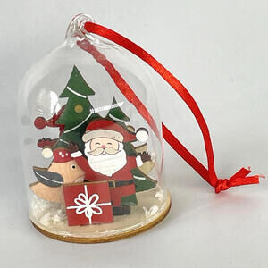 Wooden Santa Scene In Glass‎ Dome Christmas Ornament 3" Height